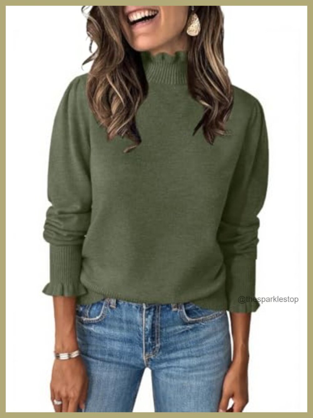 Women's Ruffle Mock Neck Puff Sleeve Pullover Sweater